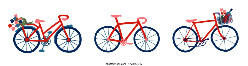 Bicycle in manual graphics. Retro bike. Vector illustration. set