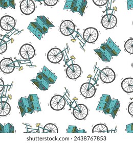 bicycle and map, travel seamless pattern. For nursery, backgrounds, wallpaper, wrapping paper, children clothes, textile, fabric