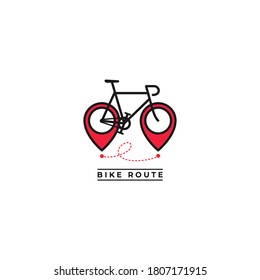 Bicycle with maps pin as a wheel vector illustration. Bike route logo icon sign symbol. Template