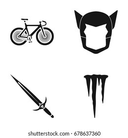 Bicycle, mask and other web icon in black style. sword, icicle icons in set collection.