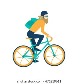 Bicycle messenger bearded guy character. Hipster style fixed gear bike. Isolated flat design vector illustration on white background. Blue and yellow colors.