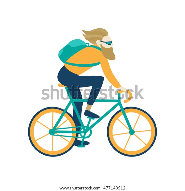 自転車の使い走りの男のキャラクター ヒップスター型の固定ギアバイク 白い背景に分離型フラットデザインベクターイラスト 青とオレンジの色 のベクター画像素材 ロイヤリティフリー