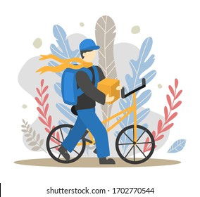 Mensajero de bicicleta y personaje de mensajero con caja. Entrega de bienes, servicio de mensajería. Dibujo vectorial de diseño plano aislado sobre fondo blanco. Color azul y amarillo
