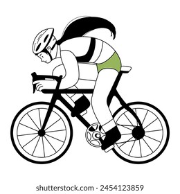 Bicycle motocross outline illustration. Woman rides bicycle icon. Healthy lifestyle. Cyclist equipment, helmet. Fast movement speed. For website, store, postcard, mascot. Vector line illustration.