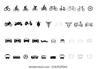 Bicycle, Motorcycle, Car and Bus Transport Icon set. Black simple thin line icon vector illustration.