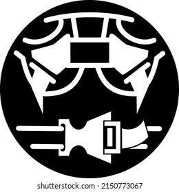Bicycle or motorcycle helmet straps. Round black vector outline icon with white lines