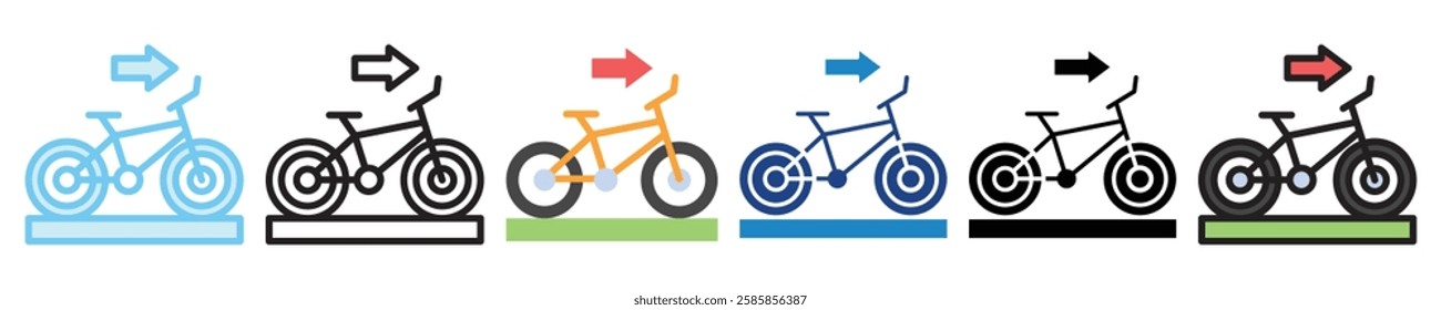 Bicycle multi style, mini illustration icon. outline, flat, glyph, line color, UI, UX kit, app, web development, digital or print. For education, construction, transportation, traffic management.