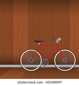 Bicycle with natural wood interrior background. Flat color style vector.