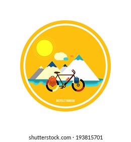 Bicycle near the mountain. Bicycle tourism. Icons of traveling, planning a summer vacation, tourism and journey objects