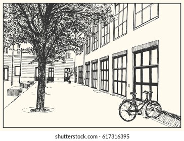 Bicycle near a office, parking on the street. Black and white dashed style sketch, line art, drawing with pen and ink. Retro vintage picture.