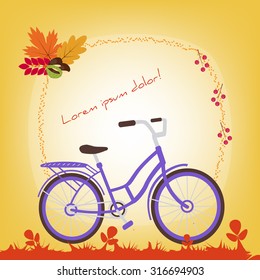 Bicycle on the autumn field. Chestnuts, leaves, berries, grass, bike. Vector illustration.