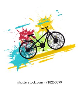 Bicycle on background with color spots. Banner. Grunge vector illustration