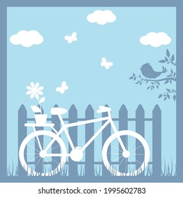 Bicycle on the background of a fence, paper cutting, summer illustration on layers for crafting