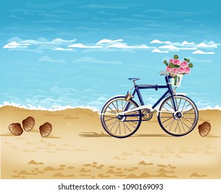 Bicycle on the beach card Vector realistic. Detailed 3d illustrations