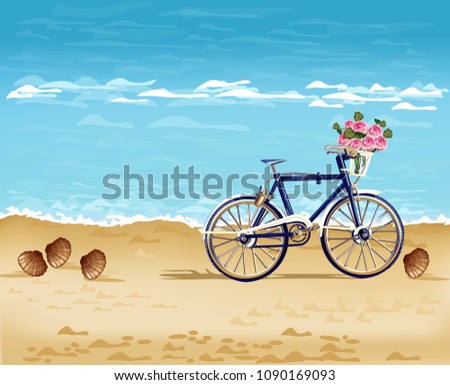 Bicycle on the beach card Vector realistic. Detailed 3d illustrations