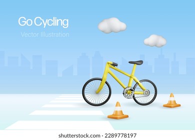 Bicycle on city street. Alternative transportation for sustainable energy for environment care and healthy lifestyle. Ecology and save the planet concept. 3D vector.