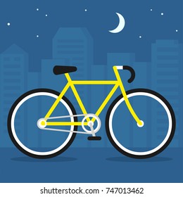 Bicycle on city street at night, simple flat vector illustration.