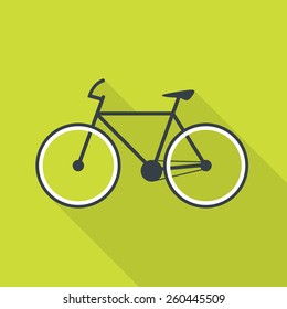 Bicycle on green background. Flat icon with long shadow. Vector illustration.