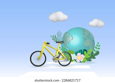 Bicycle on green world with flower plants. Sustainable energy for environment care and healthy lifestyle. Ecology and save the planet concept.