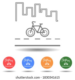 Bicycle on the road with city view vector icon