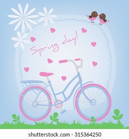 Bicycle on the spring field. Lovers kissing birds, hearts, flowers, grass, bike. Vector illustration.