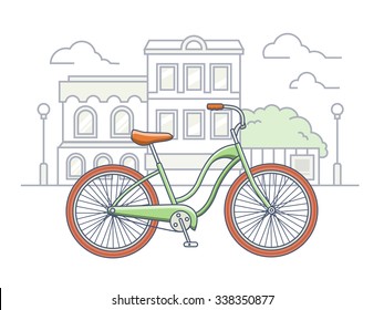 Bicycle on the street illustration. Bike transport, vehicle and travel, transportation activity, vector linear style