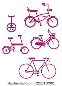 Bicicleta de una rueda e iconos de dos ruedas silhouette vector 
