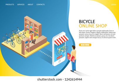 Bicycle online shop landing page website template. Vector isometric illustration of man doing shopping via smartphone. Online shopping, e-commerce concept.