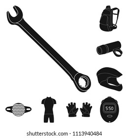 Bicycle outfit black icons in set collection for design. Bicycle and tool vector symbol stock web illustration.