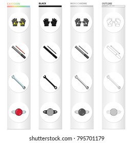 Bicycle outfit cartoon black monochrome outline icons in set collection for design. Bicycle and tool vector symbol stock web illustration.