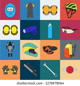 Bicycle outfit cartoon icons in set collection for design. Bicycle and tool vector symbol stock web illustration.