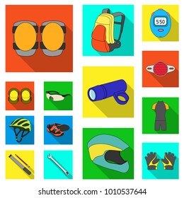 Bicycle outfit flat icons in set collection for design. Bicycle and tool vector symbol stock web illustration.