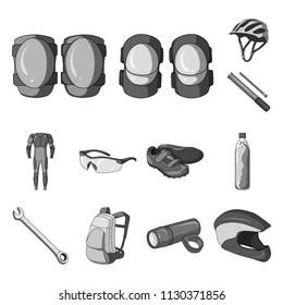 Bicycle outfit monochrome icons in set collection for design. Bicycle and tool vector symbol stock web illustration.