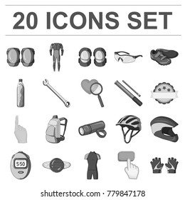 Bicycle outfit monochrome icons in set collection for design. Bicycle and tool vector symbol stock web illustration.