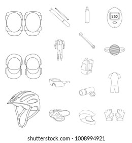 Bicycle outfit outline icons in set collection for design. Bicycle and tool vector symbol stock web illustration.