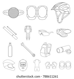 Bicycle outfit outline icons in set collection for design. Bicycle and tool vector symbol stock web illustration.
