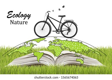 Bicycle over open book and grass on the background of doodles of trees. Drawn black and white logo in doodle style. Green. Environmentally friendly world. Vector illustration of ecology. Hand.Handmade