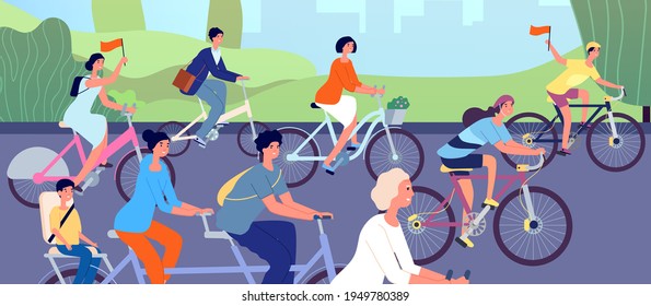 Bicycle parade. Cyclists on nature, cycling event in city park. Diverse people ride cycle, active girls elderly men on bikes utter vector poster