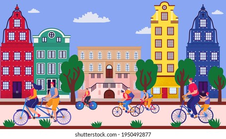 Desfile de bicicletas en la calle, ilustración vectorial. Eventos deportivos en la carretera, divertidas vacaciones en la ciudad. Gente joven grupal divirtiéndose. Deportes festivos de verano.