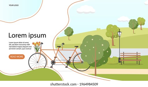 Bicycle in the park. Landing page, web design, vector illustration