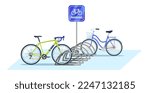 Bicycle parking area. Public bike rack with parking sign and parked bicycles. Ecologic city transport vector illustration. Street town zone for transport, cartoon eco vehicle station