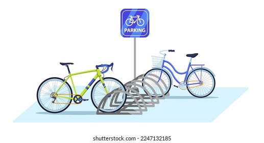 Bicycle parking area. Public bike rack with parking sign and parked bicycles. Ecologic city transport vector illustration. Street town zone for transport, cartoon eco vehicle station