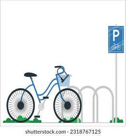 Bicycle parking area. Public bike rack with parking sign and parked bicycles. Ecologic city transport vector illustration. Street town zone for transport, cartoon eco vehicle station
