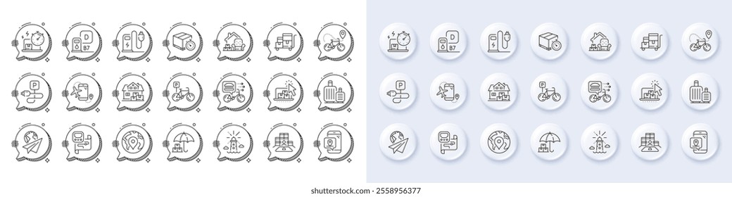 Bicycle parking, Bike delivery and Charging station line icons. White pin 3d buttons, chat bubbles icons. Pack of Metro map, Diesel station, Charging parking icon. Vector