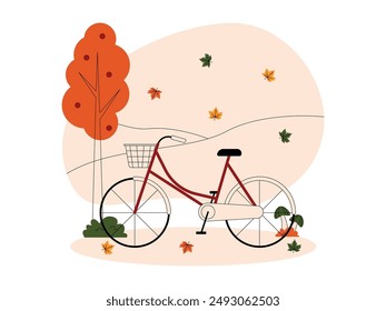 Bicycle in parking close to trees and fallen leaves in fall season, vector illustration.