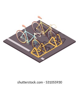 Bicycle Parking Concept With City Bike Ride Symbols Isometric Vector Illustration 