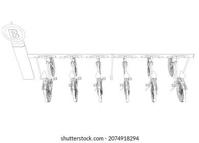Bicycle parking contour from black lines isolated on white background. Six bicycles Vector illustration