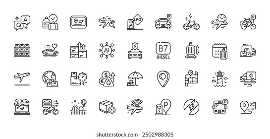 Bicycle parking, Delivery truck and Gps line icons pack. AI, Question and Answer, Map pin icons. Ambulance transport, Lighthouse, Map web icon. Food delivery, Diesel, Car charging pictogram. Vector