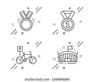 Bicycle parking, Honor and Best rank line icons set. Arena sign. Bike park, Medal, Success medal. Sport stadium. Sports set. Line bicycle parking outline icon. Vector