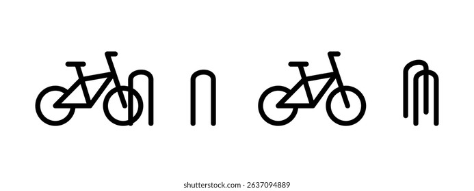 Bicycle parking icon. Secure bike rack with parked bicycle vector. Urban infrastructure element for locking and storing bikes safely in public areas symbol. Transport stand pictogram.